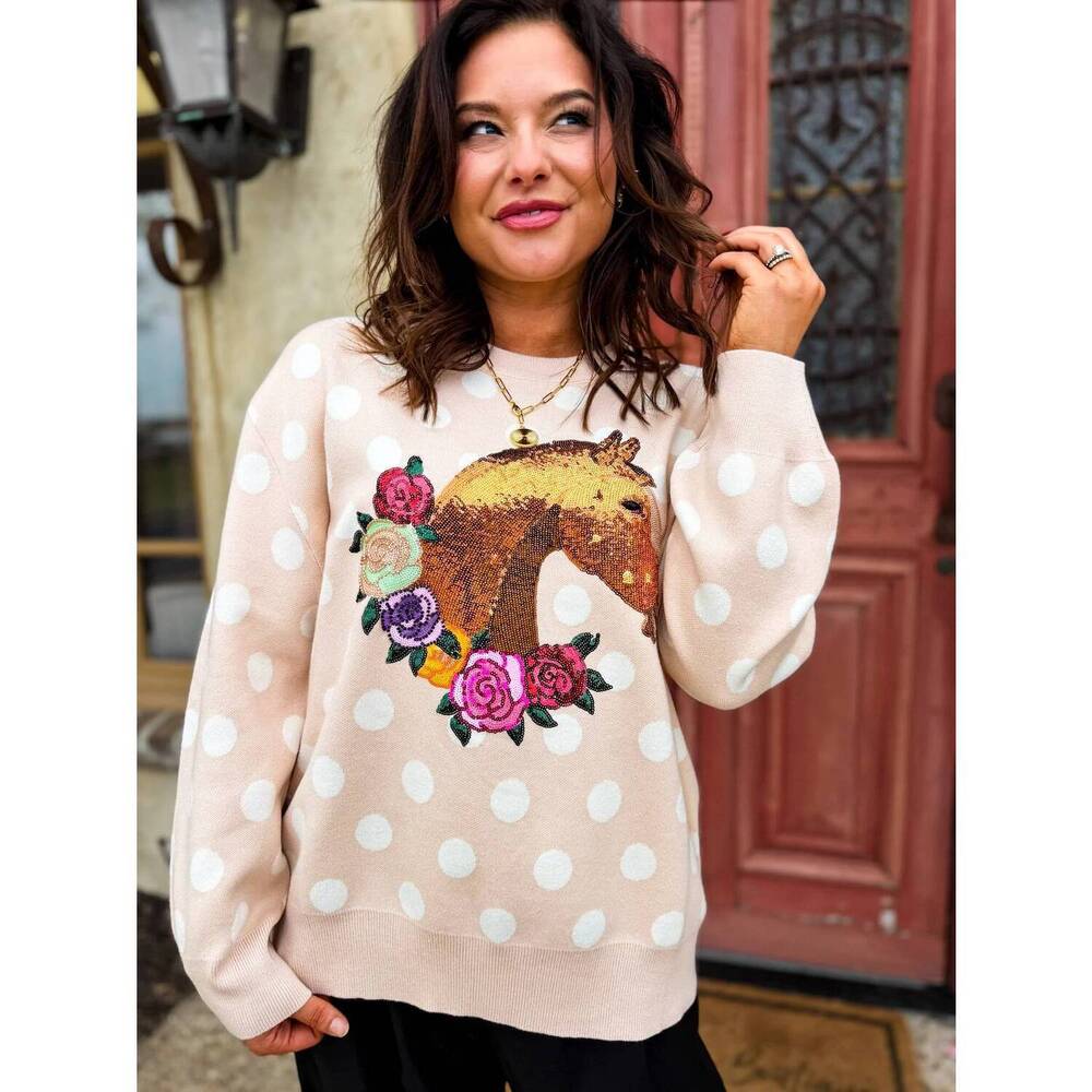 NEW QUEEN OF SPARKLES polka dot horse & rose wreath sweater in pink - Picture 4 of 9